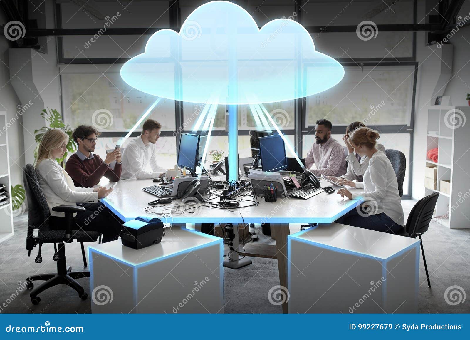 business team with cloud computing hologram
