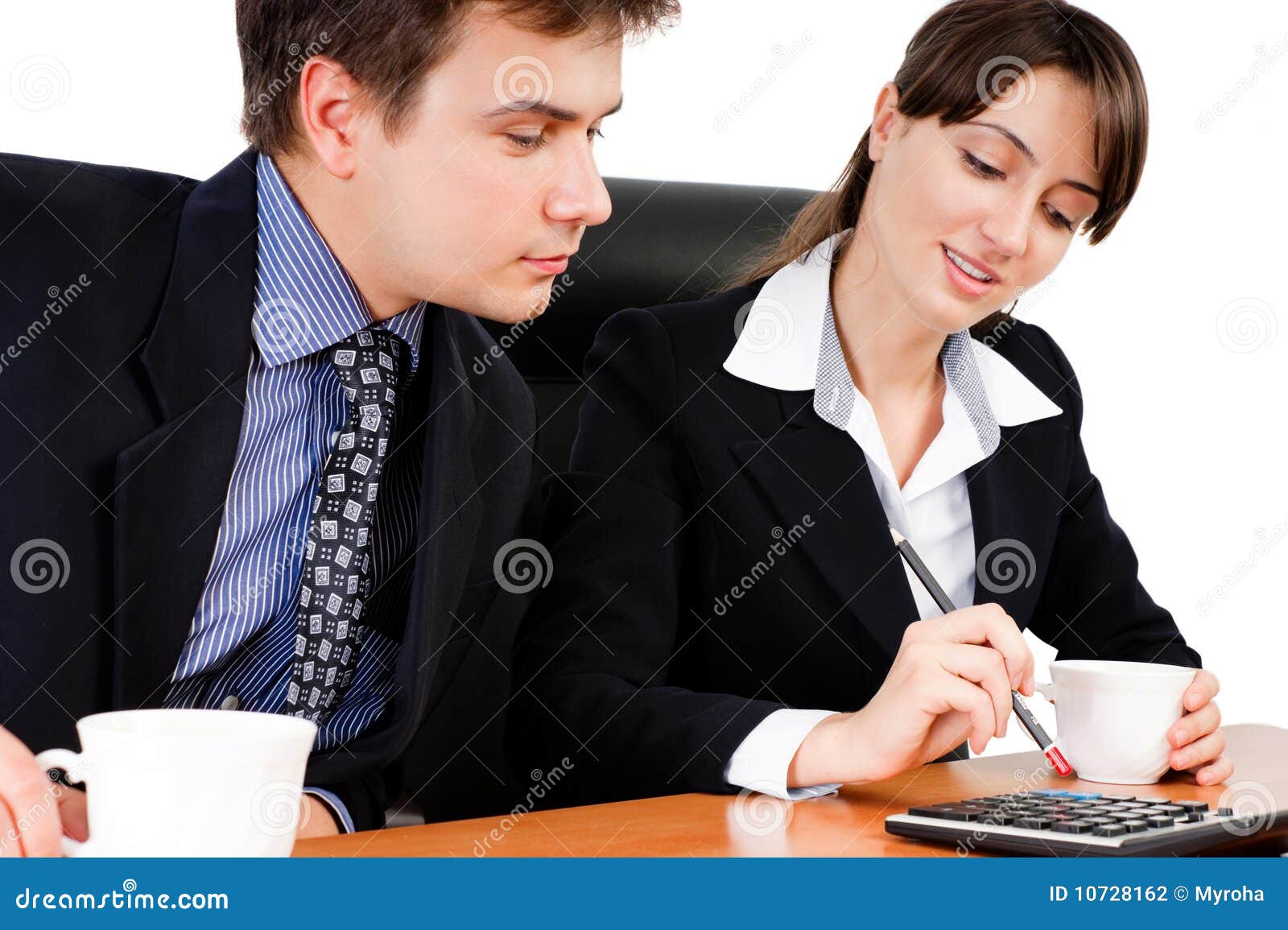 Business team at a coffee break. Business team calculating at a meeting against white background