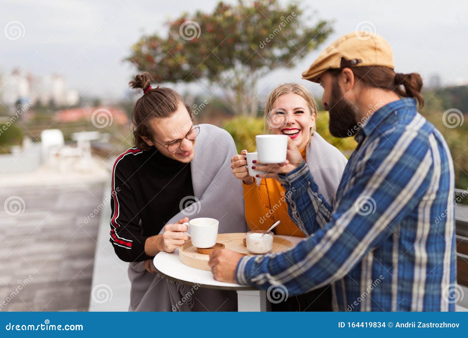 Business Team Fun, Coffee Break. Group Laughter, Relax Time Stock Photo