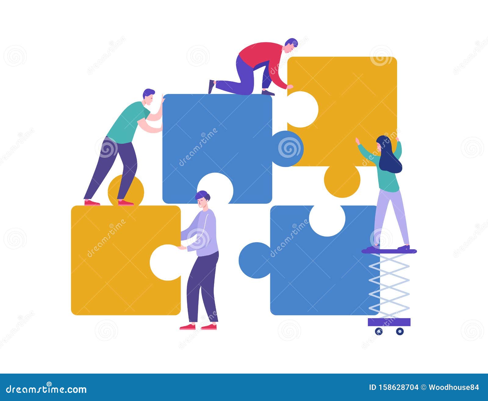 business teamwork concept. tiny characters connecting puzzle pieces. creative solutions, collaboration and partnership