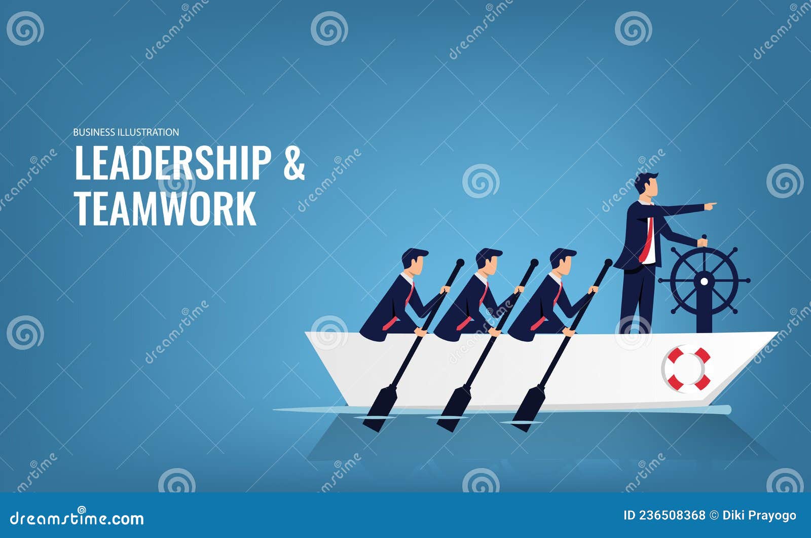 business teamwork leadership concept. businessmen working in team, group of people rowing boat together to achieve same goal and