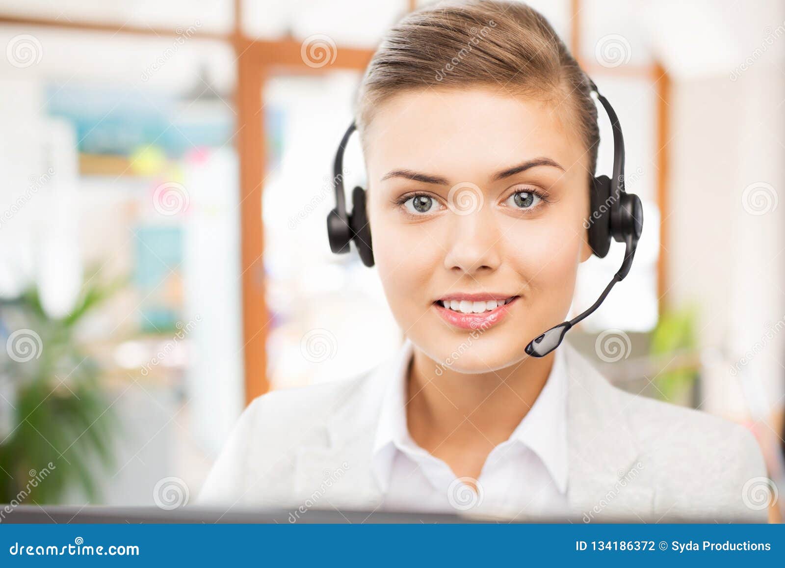 Helpline Operator in Headset Working at Office Stock Photo Image of
