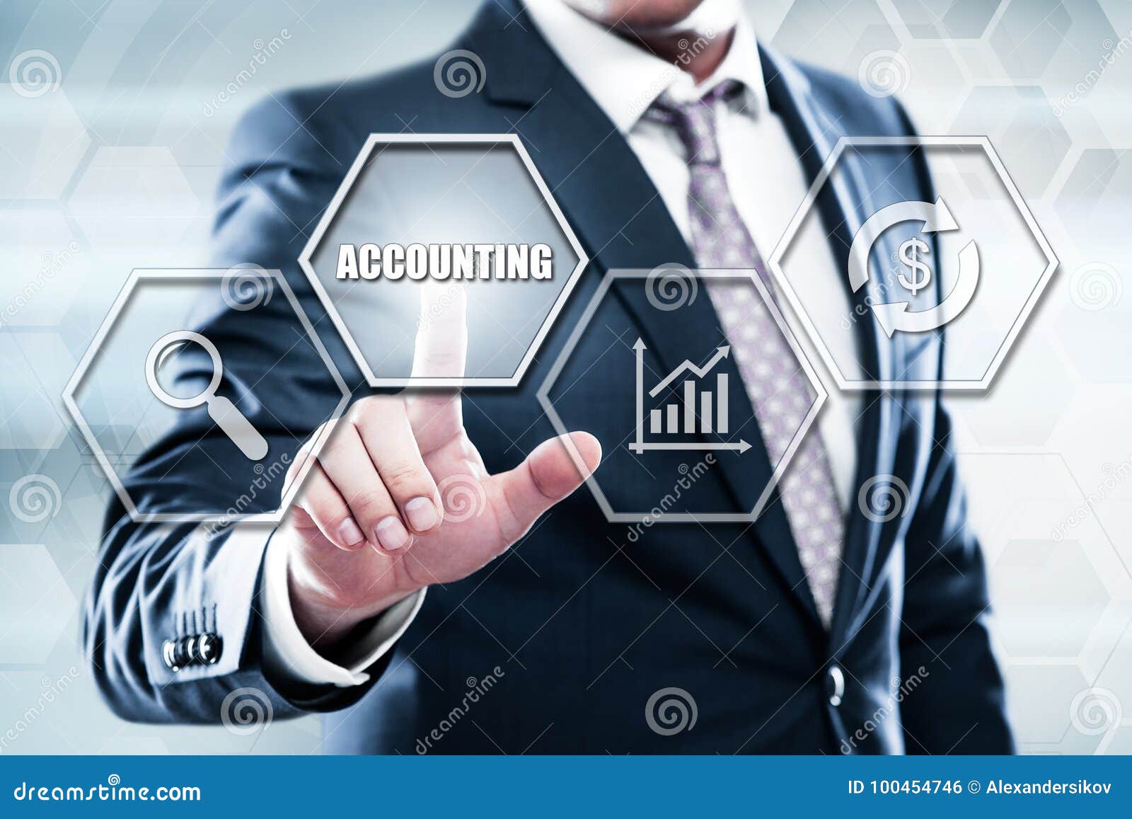 businessman pressing button on touch screen interface and select accounting