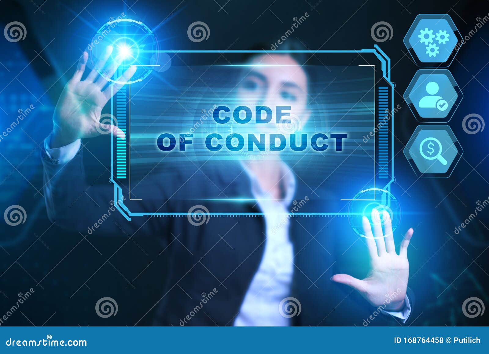 business, technology, internet and network concept. businessman presses a button code of conduct on the virtual screen tablet