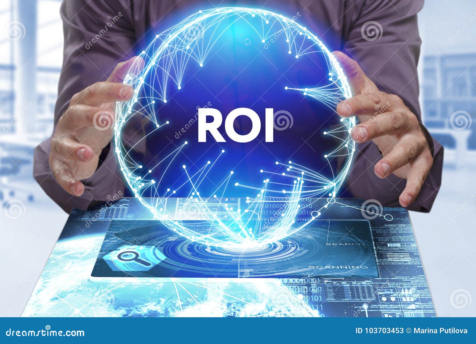 business, technology, internet and network concept. young businessman shows the word on the virtual display of the future: roi