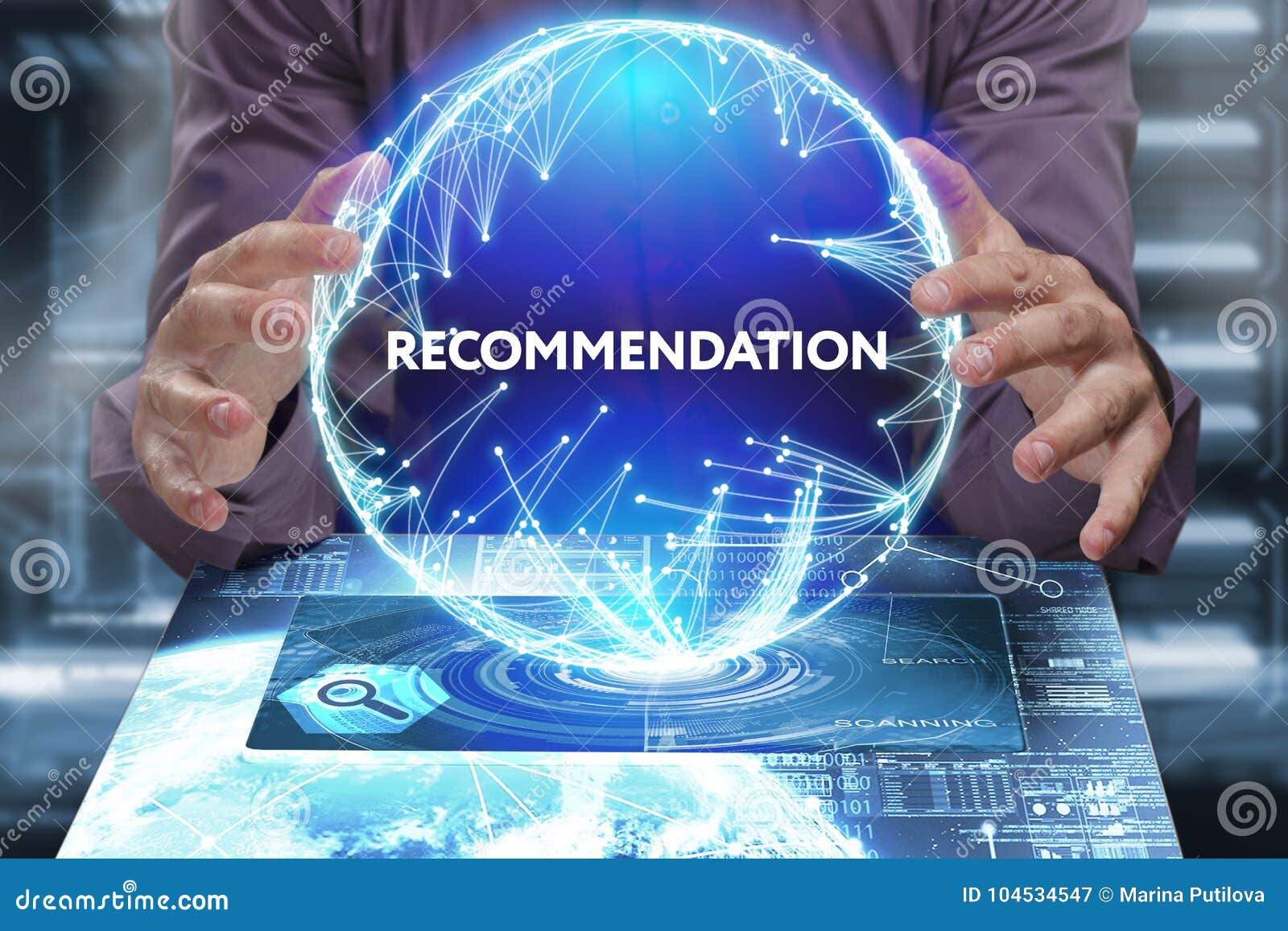 A person's hands are reaching towards a glowing, digital globe with the word "RECOMMENDATION" prominently displayed, above a holographic interface featuring various data and graphs.