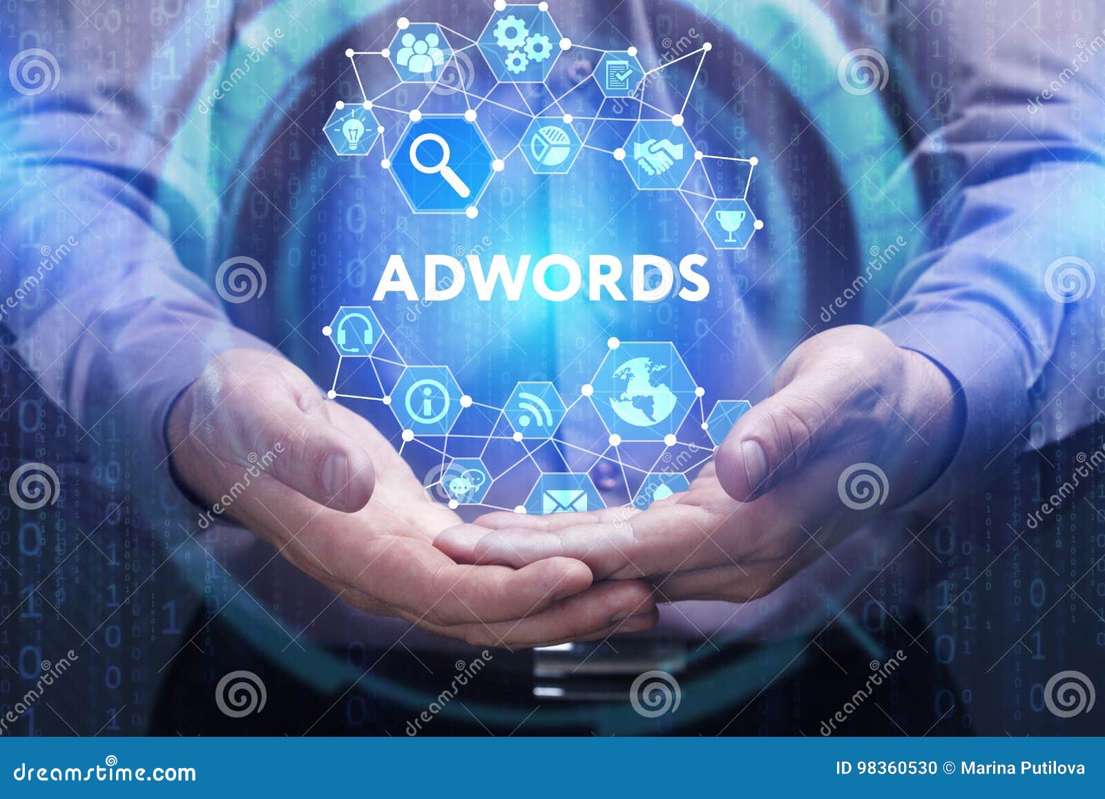 business, technology, internet and network concept. young businessman shows the word on the virtual display of the future: adwords