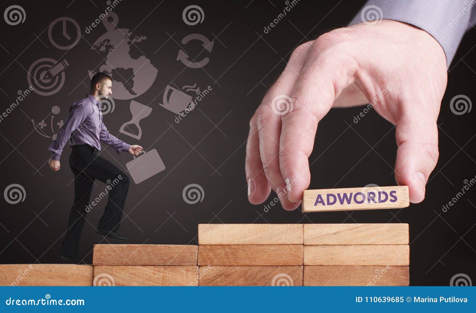 business, technology, internet and network concept. young businessman shows the word: adwords