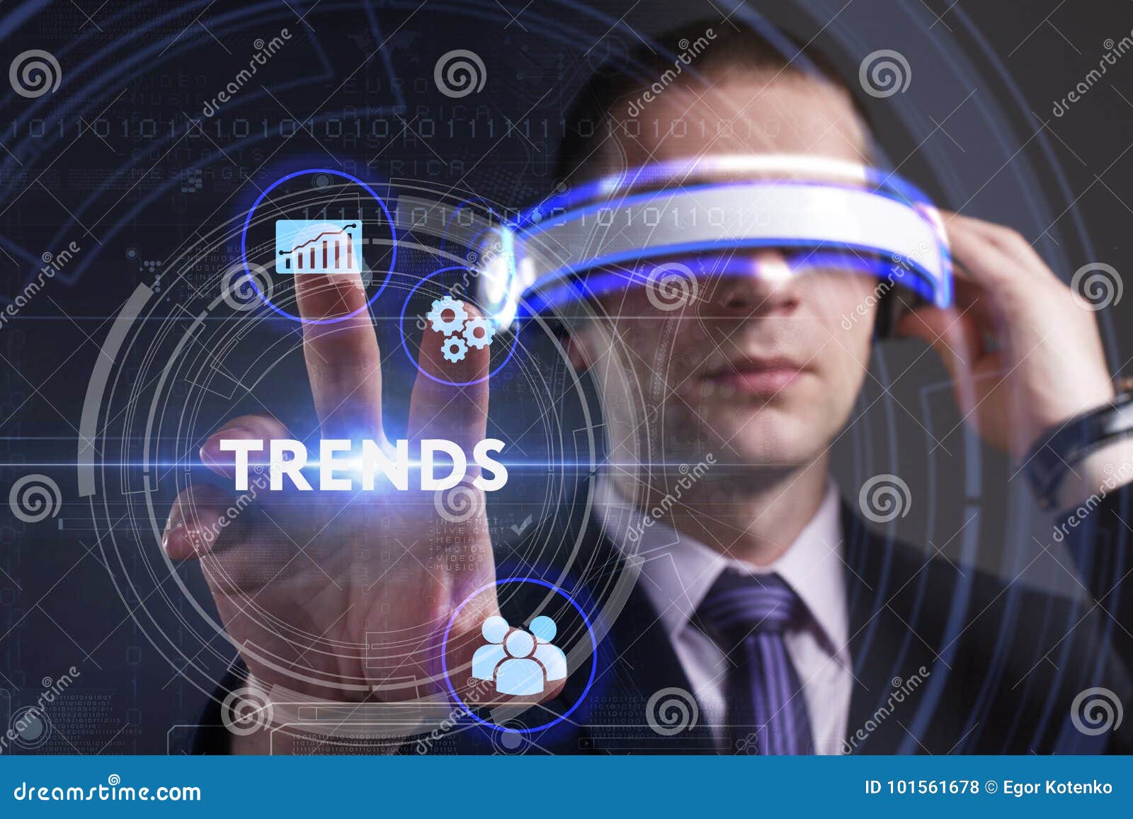 business, technology, internet and network concept. young businessman working in virtual reality glasses sees the inscription: tr