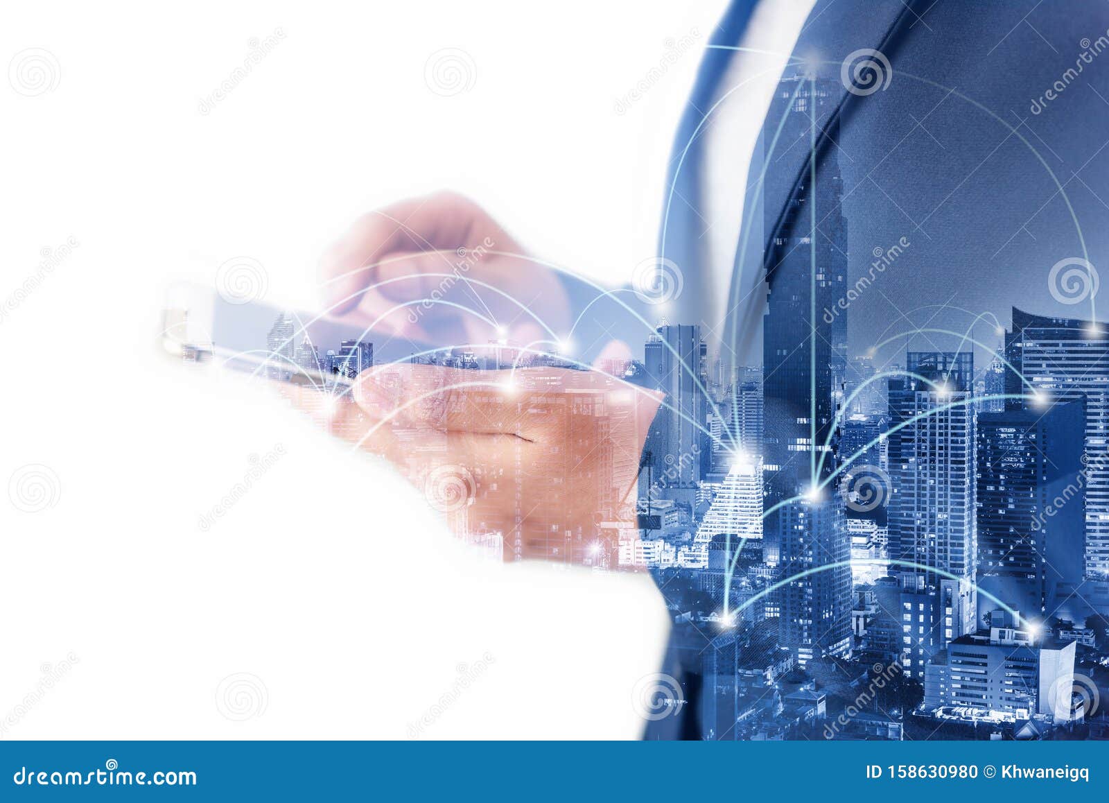 business technology telecommunication and communication 5g network connection concept, double exposure of businesswoman using