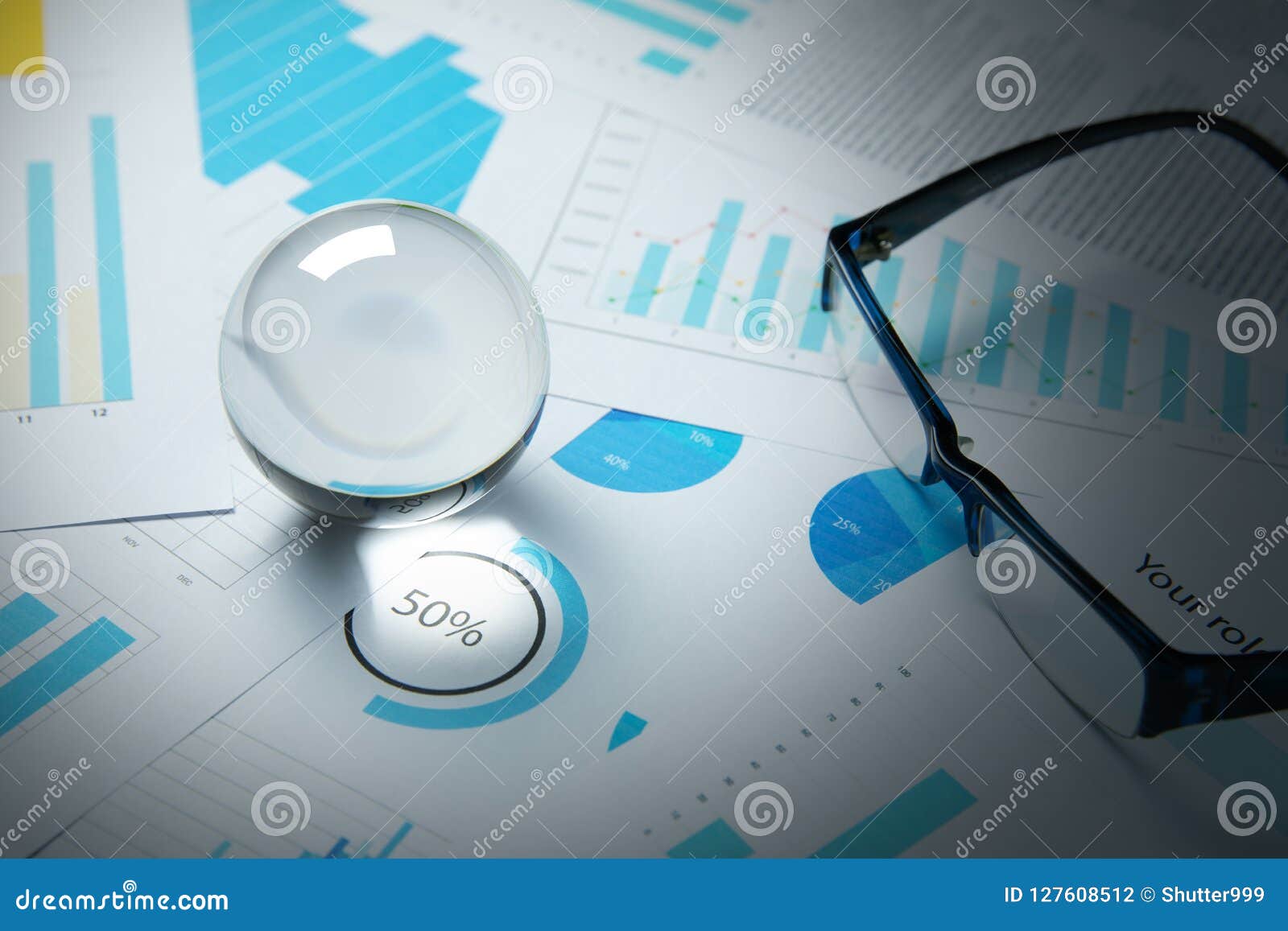 Business Trade Stock Forecast and Plan with Crystal Ball Stock Photo