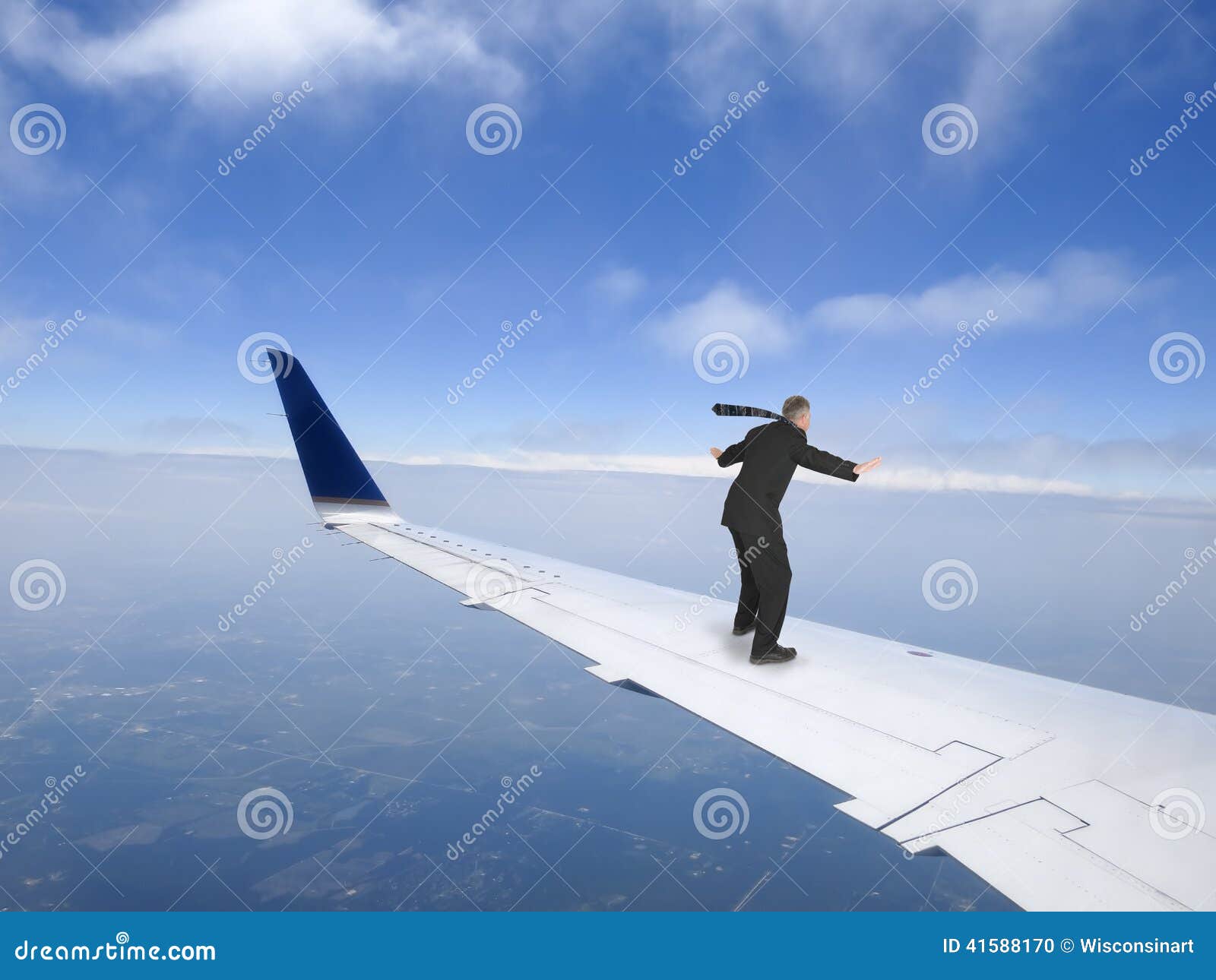 business travel concept, businessman flying on jet plane wing, trip