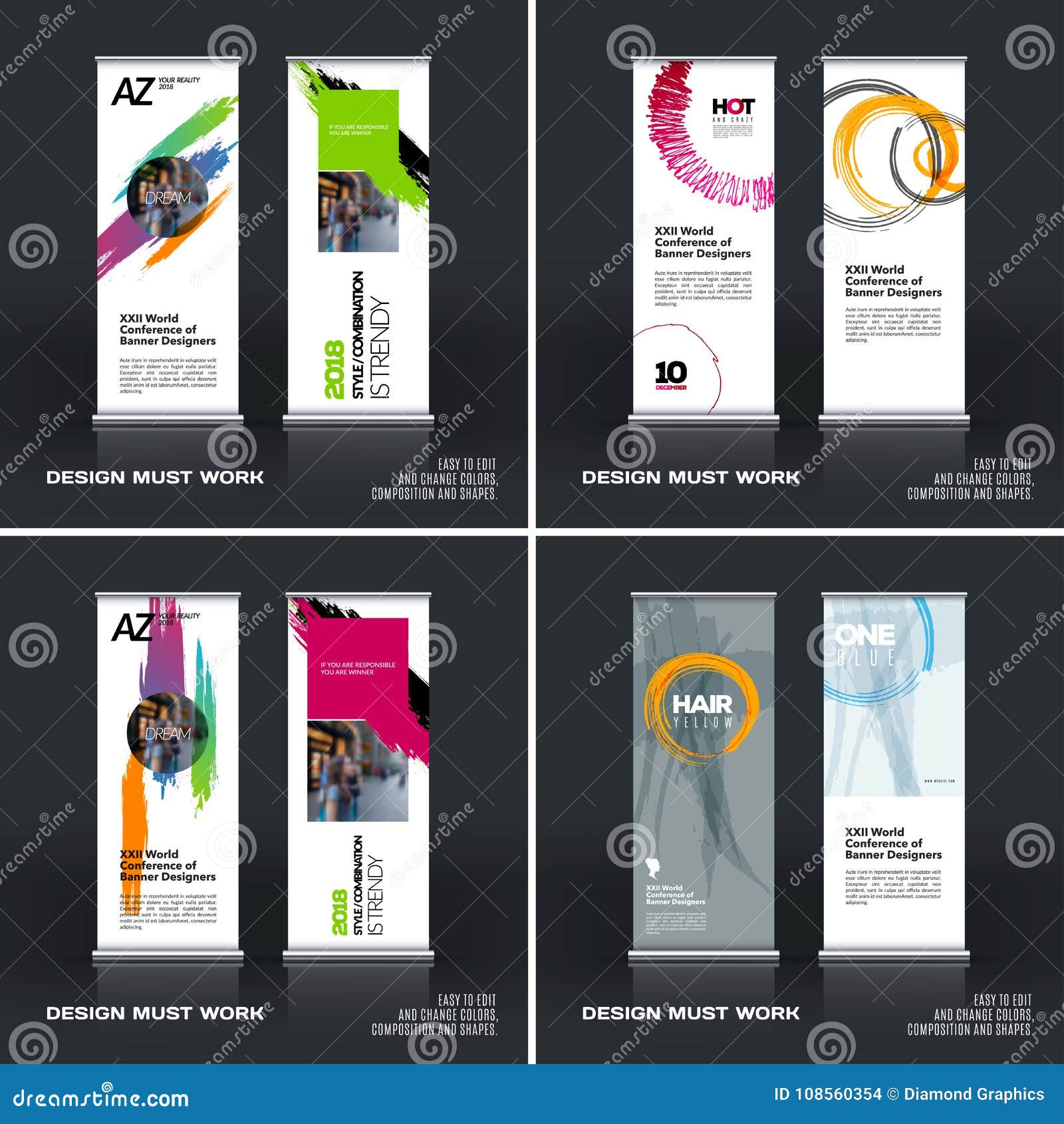 Business Vector Set Of Modern Roll Up Banner Stand Design With Colourful Artistic Stroke Stock Vector Illustration Of Panel Display