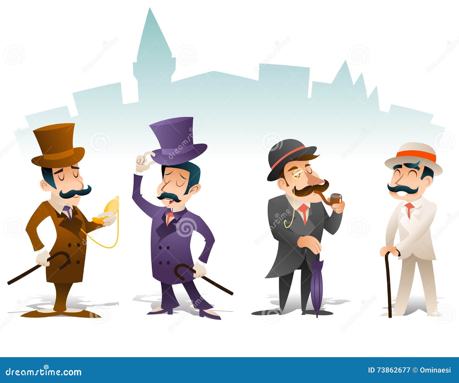 business victorian gentleman meeting cartoon character icon set english great britain city background retro vintage