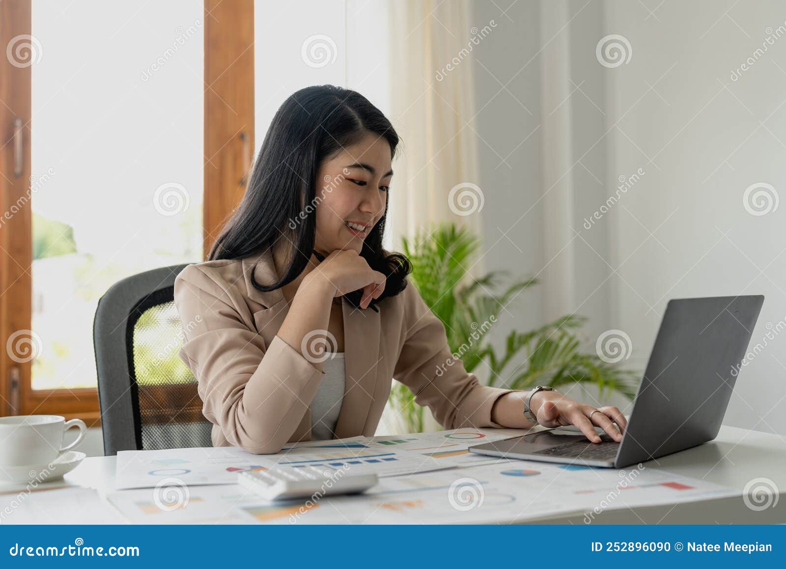 Business Woman Accountant and Bookkeeper Working with Laptop. Invoice ...