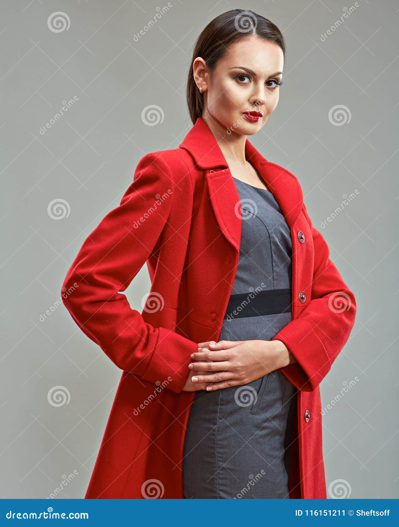 Business Woman Chief Studio Portrait in Red Coat. Stock Image - Image ...