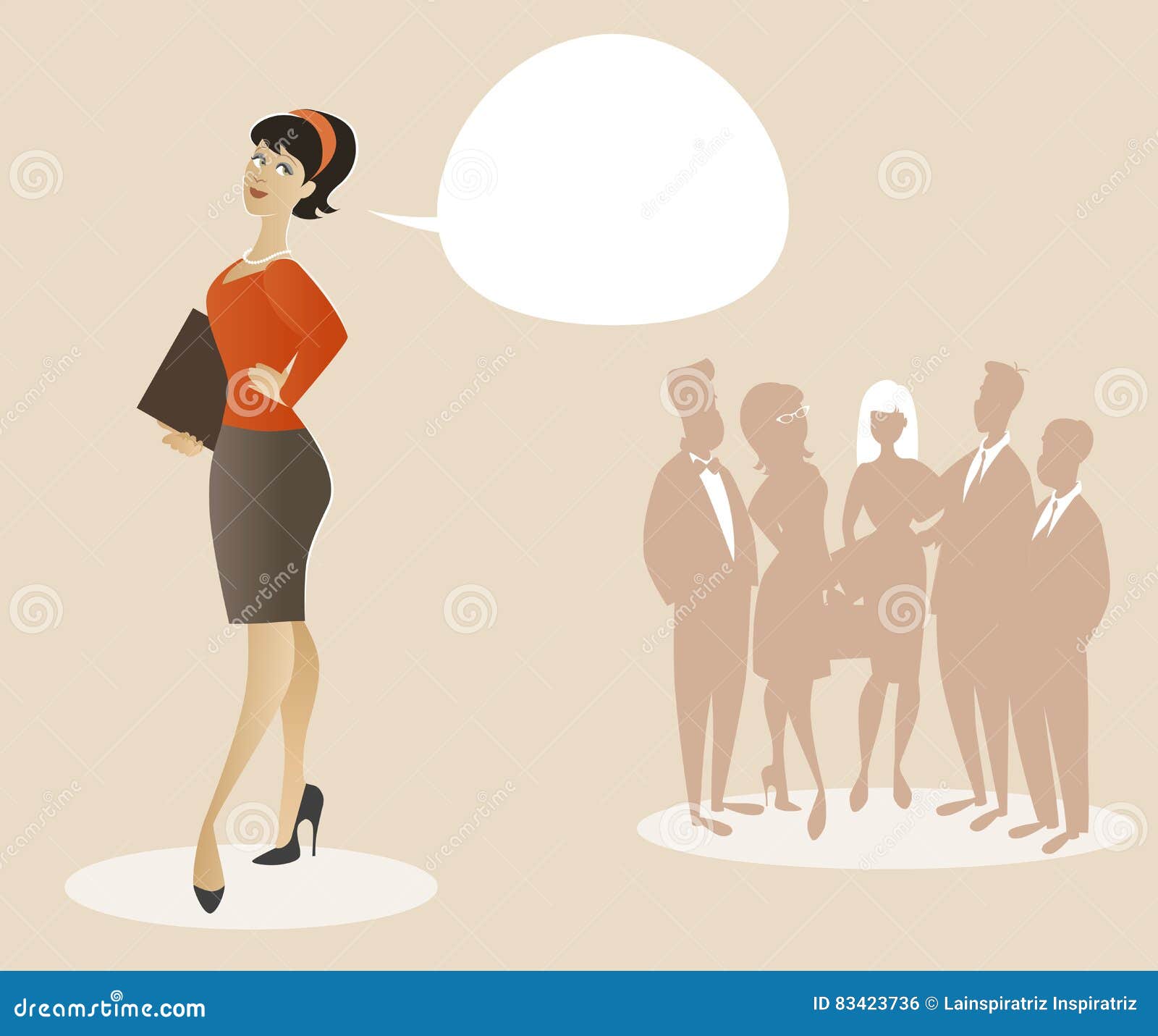 business woman dressed in 50`s or 60`s clothes proud of her team. cartoon style.