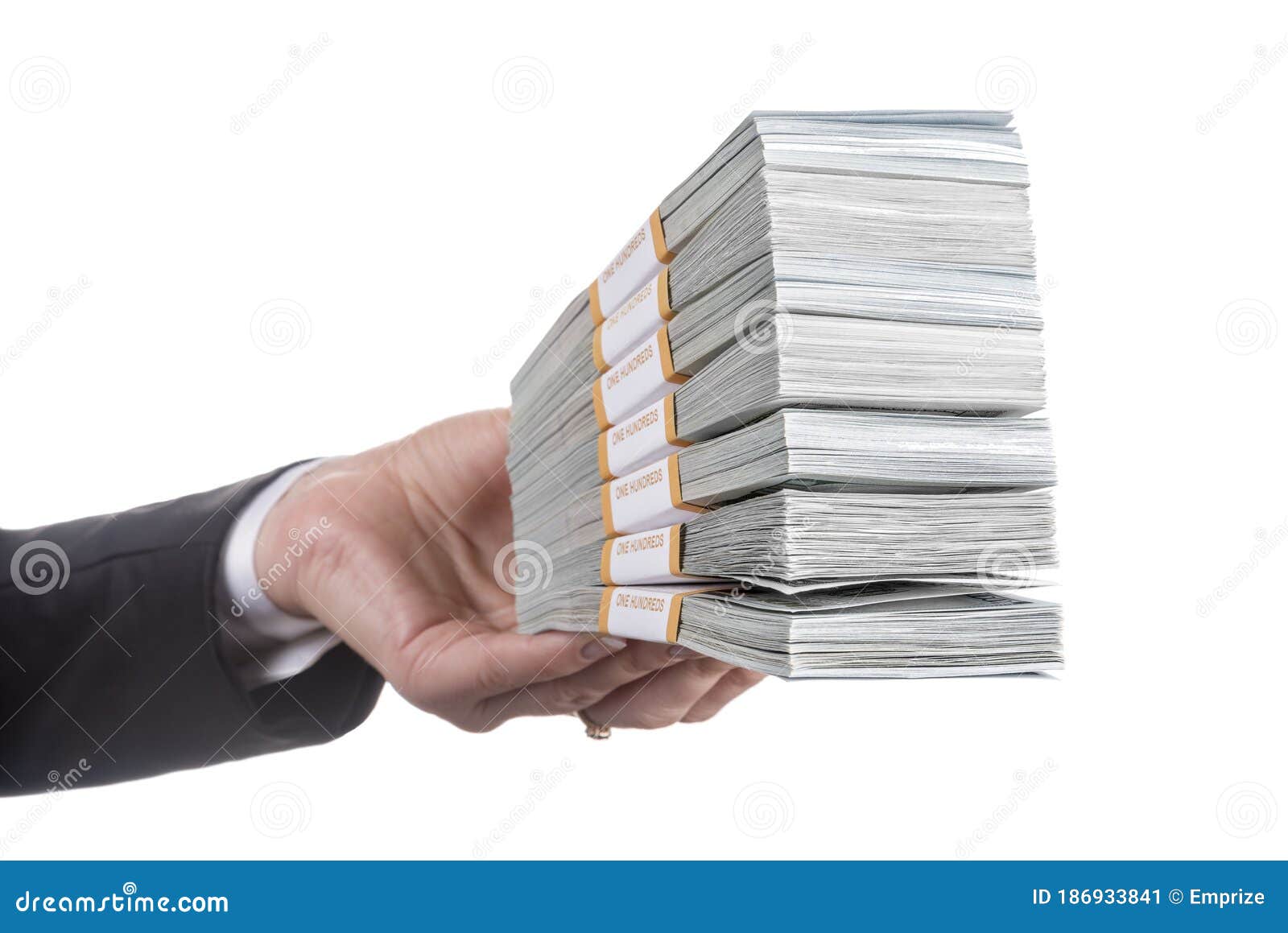 business woman hand in black office suit with packages of dollar banknotes  on white background. banking, winnings, profit