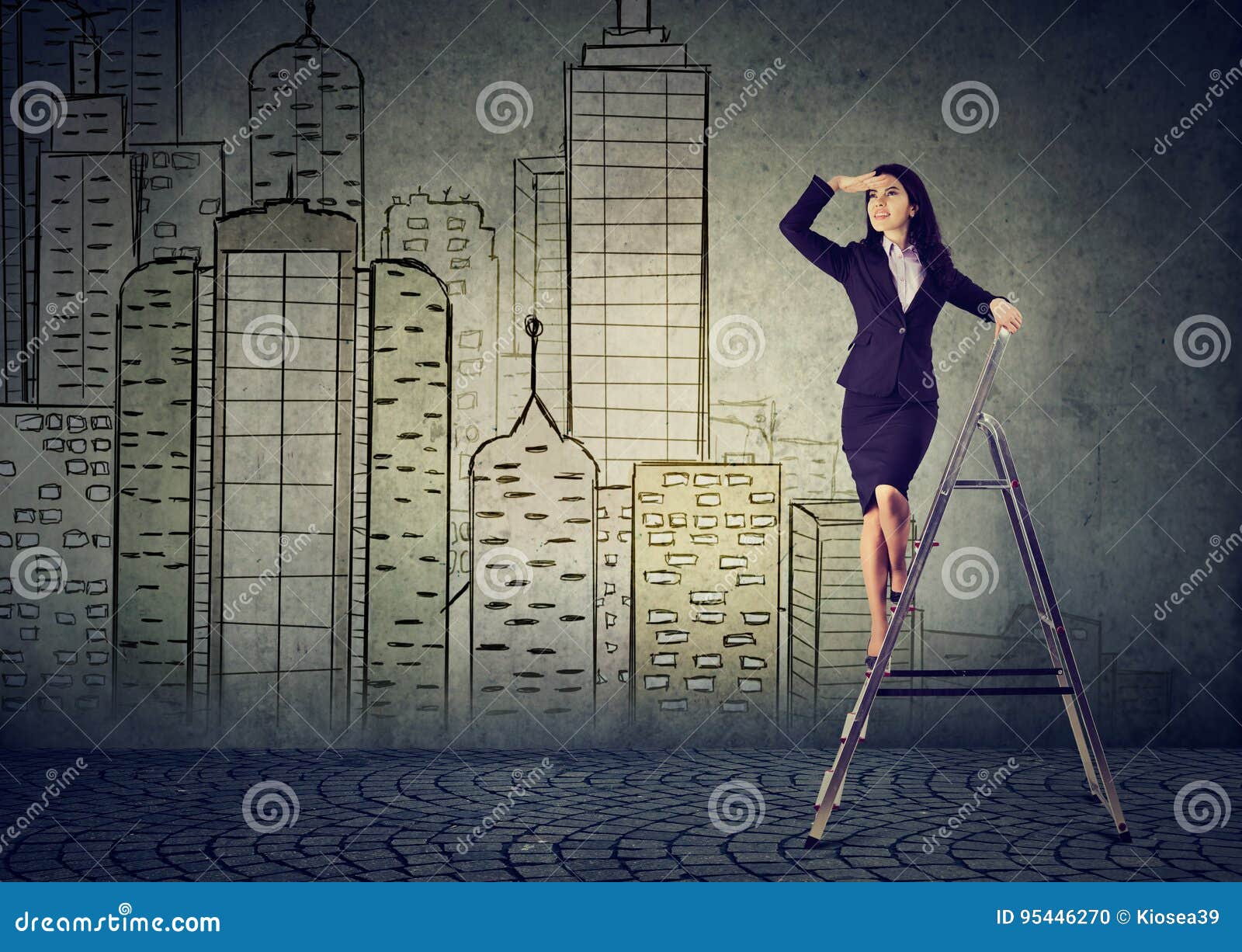 business woman on a ladder looking far away forecasting real estate market