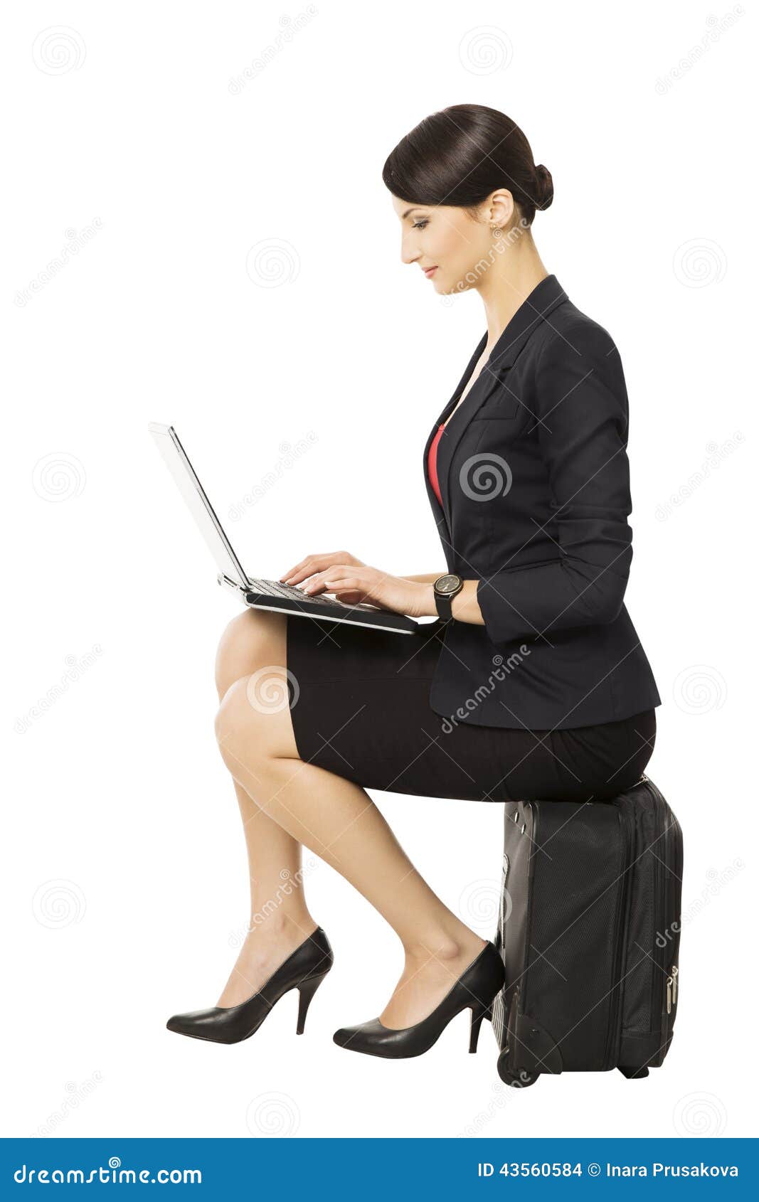 Business Woman Looking at Notebook Sitting on Suitcase, Isolated Stock ...