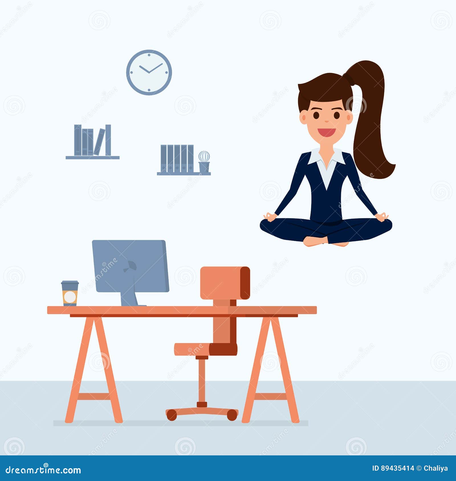Business Woman Meditating in Peace Over the Office Table. Time Management, Stress Relief and Problem Solving Concepts Stock Vector - Illustration of cartoon, concept: 89435414 Business Woman Meditating in Peace Over the Office Table. Time Management, Stress Relief and Problem Solving Concepts Stock Vector - Illustration of cartoon, concept: 89435414
