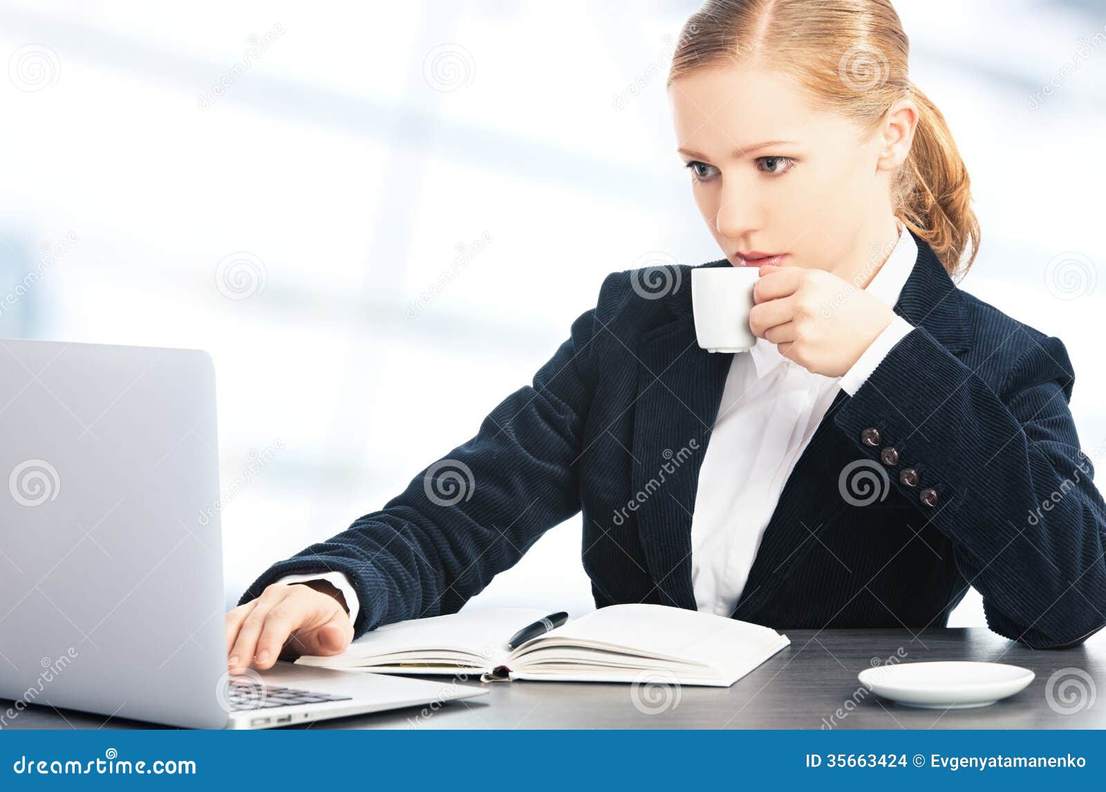 Business Woman With Office Computer And Coffee Stock 
