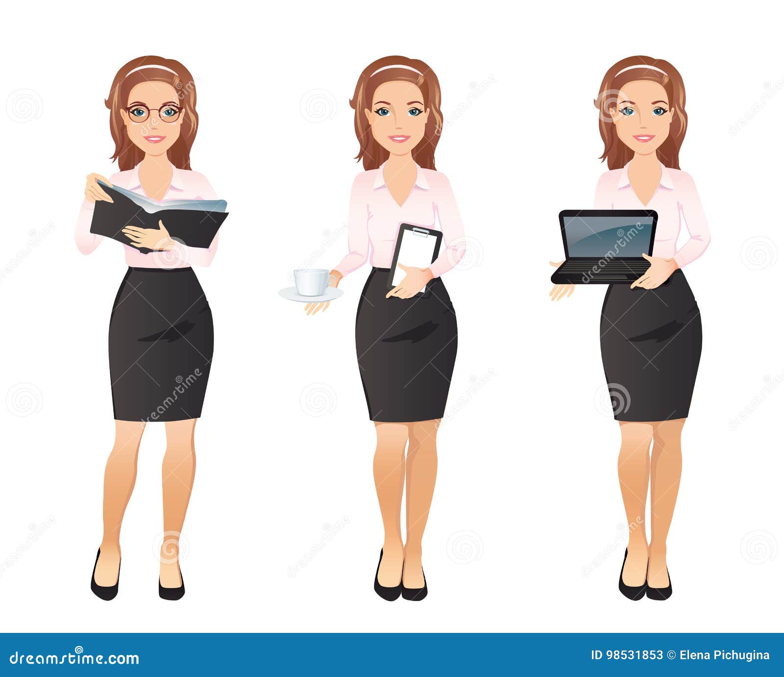 Business Woman In Pink Shirt In Different Poses. Stock Vector