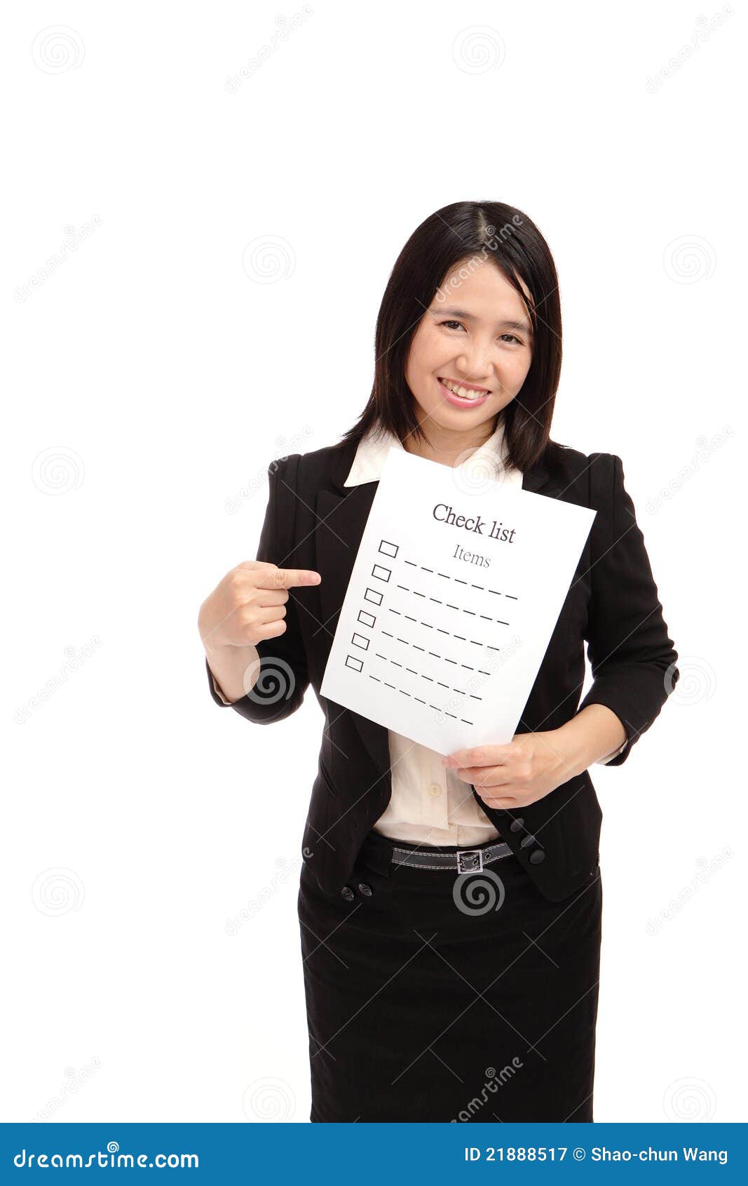 business woman smilingly take check item paper