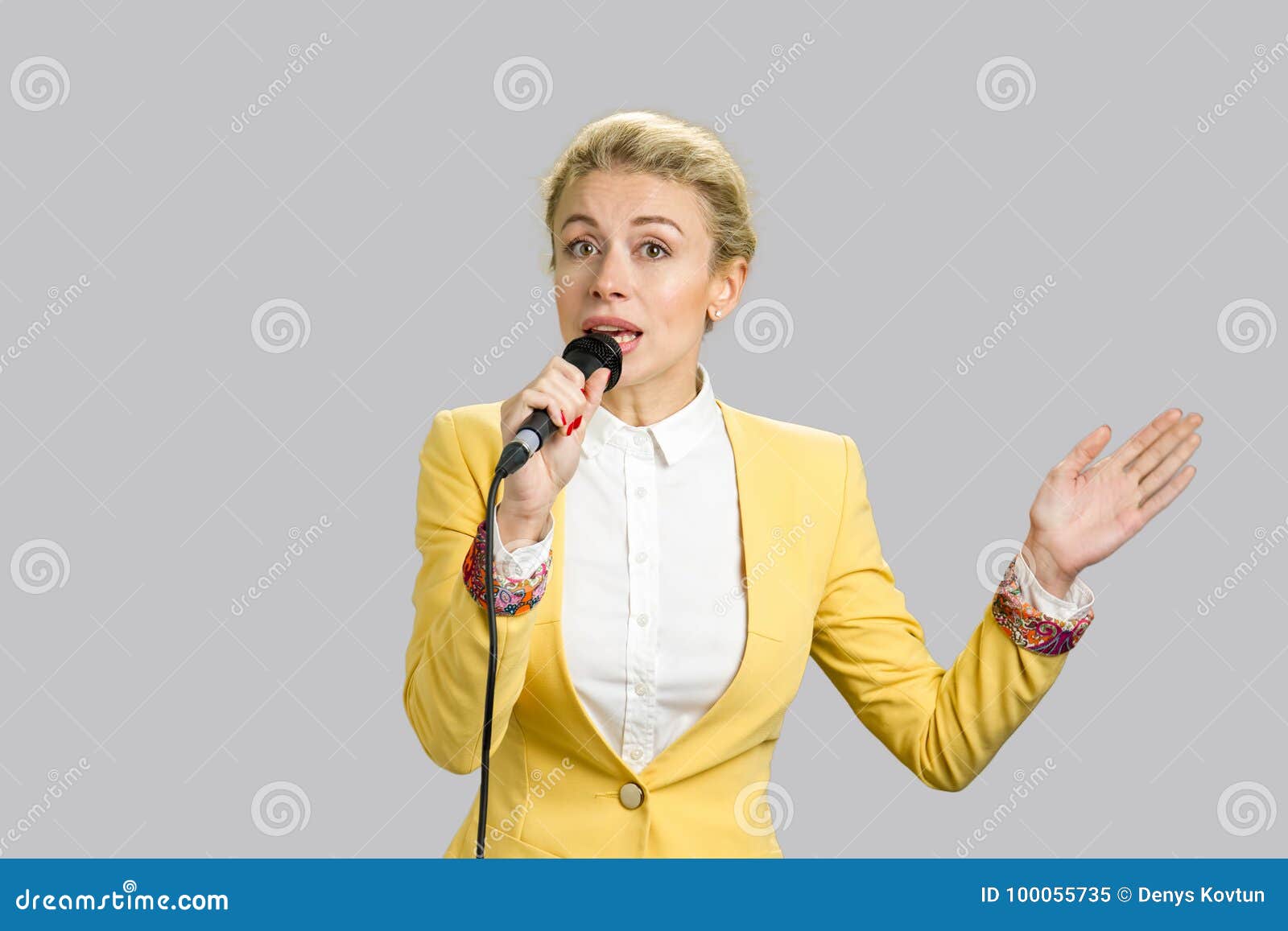 business woman speaking and gesticulating.