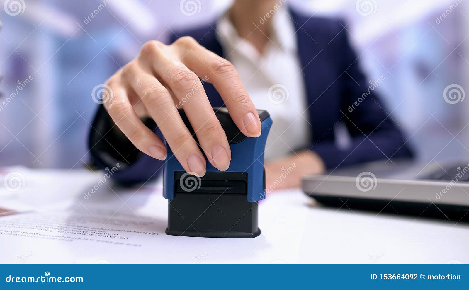 Business Woman Stamping Document Table Director Approving 