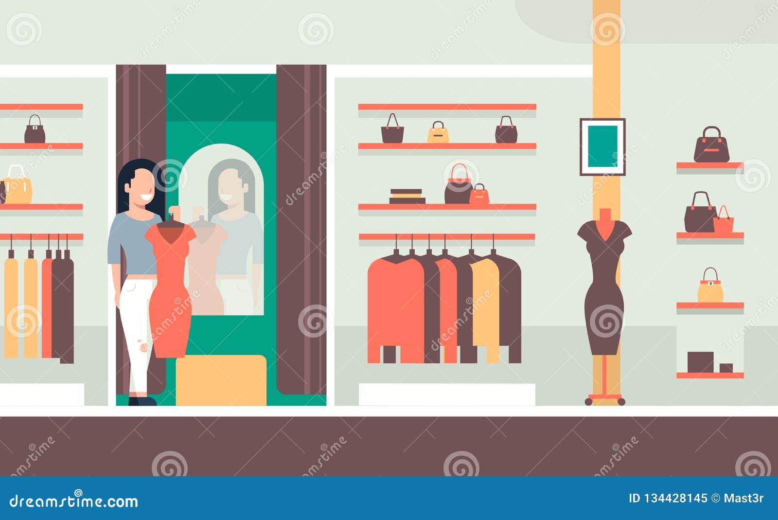 Business Woman Trying on New Dress Elegant Woman Looking at Mirror ...