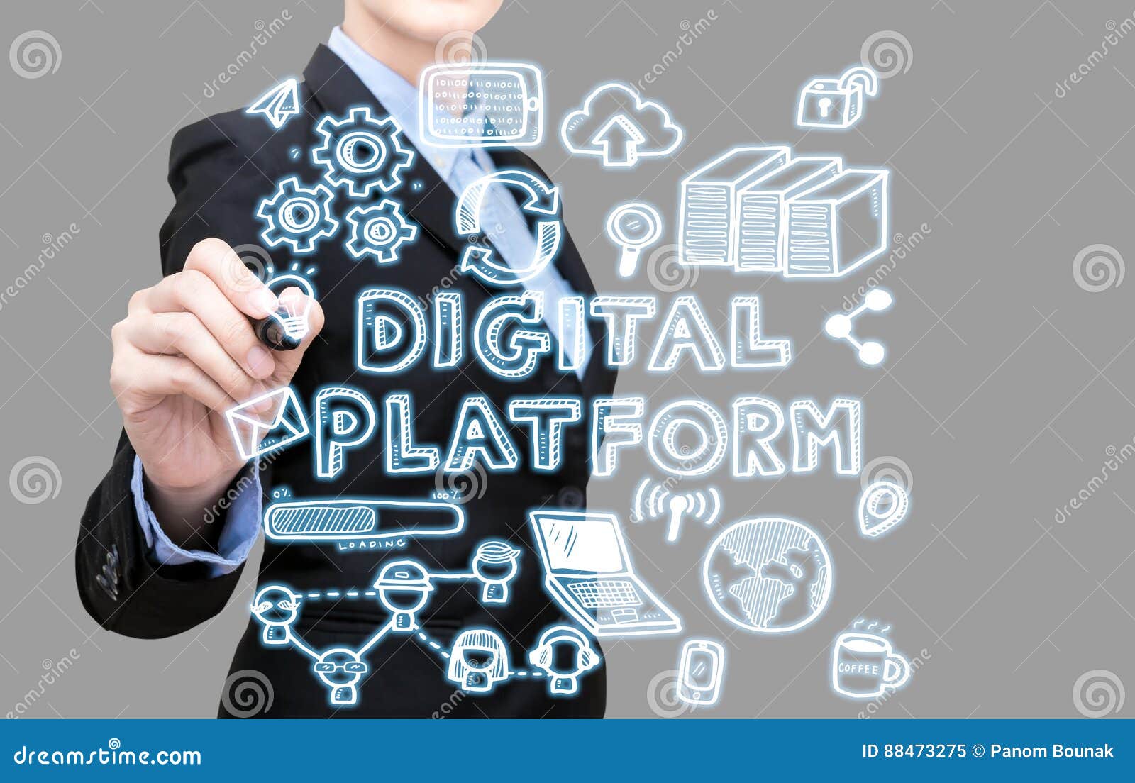 business woman writing digital platform idea concept