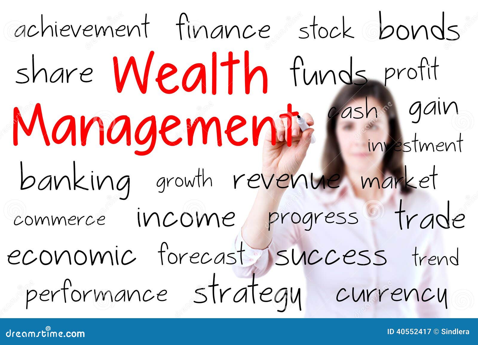 business woman writing wealth management concept.