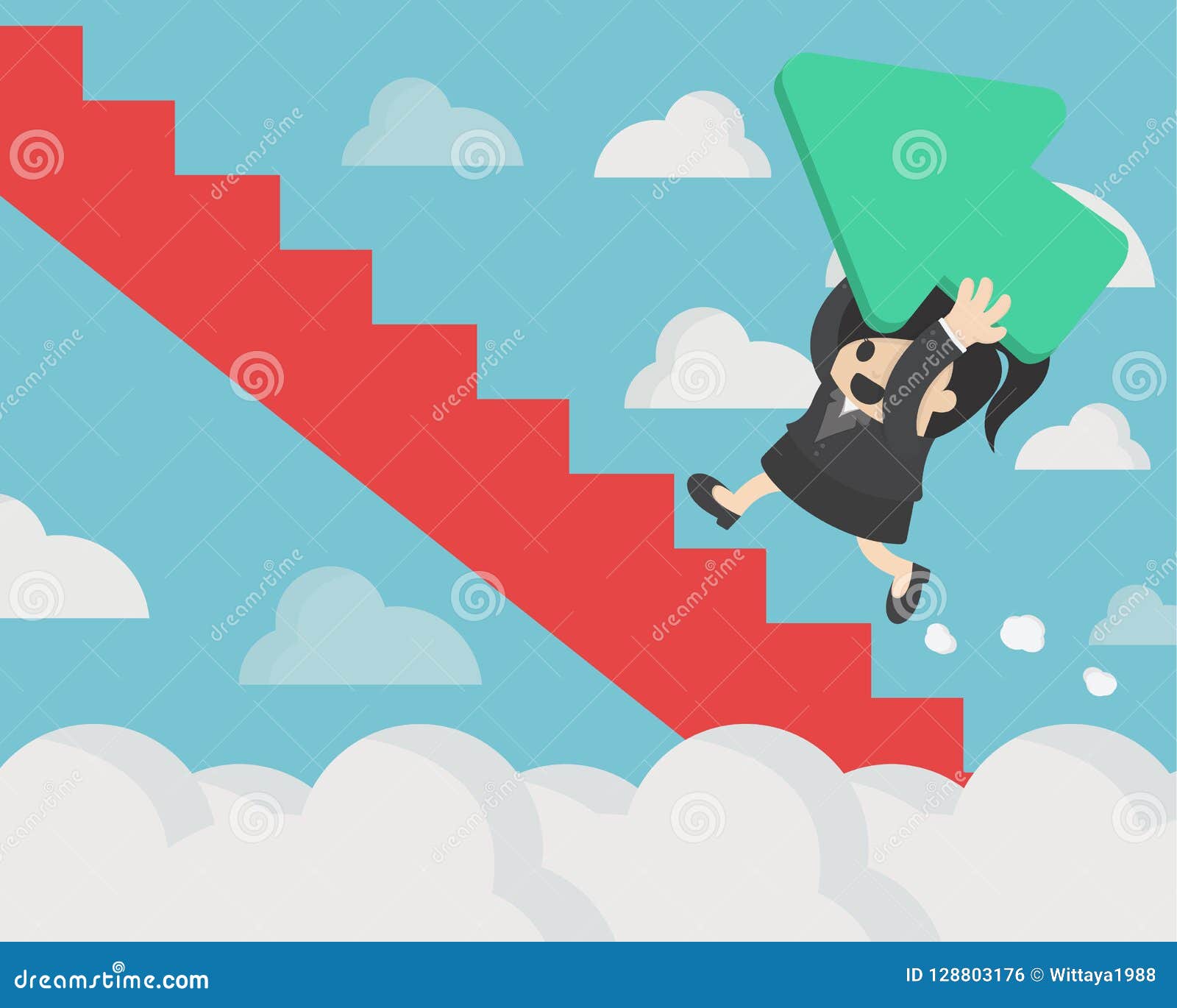 Business Women Holding a Green Arrow Up the Red Stairs through T Stock ...