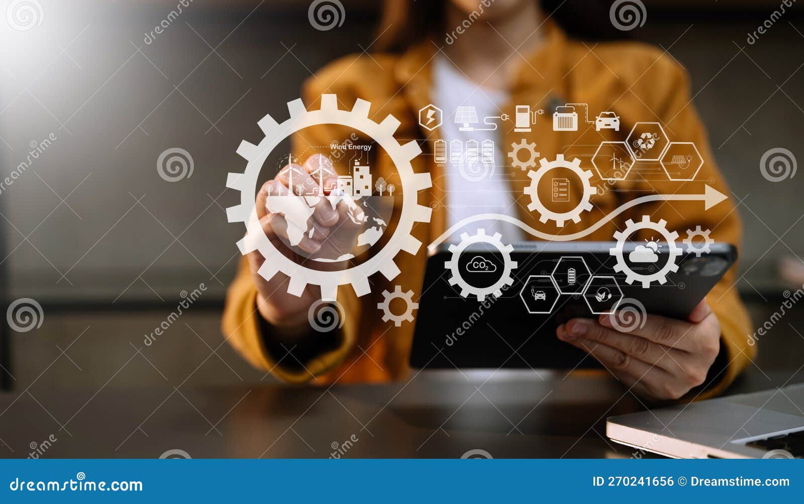 business working with reduce co2 concept with icons, global warming such as reforest green factory recycle and zero carbon dioxide