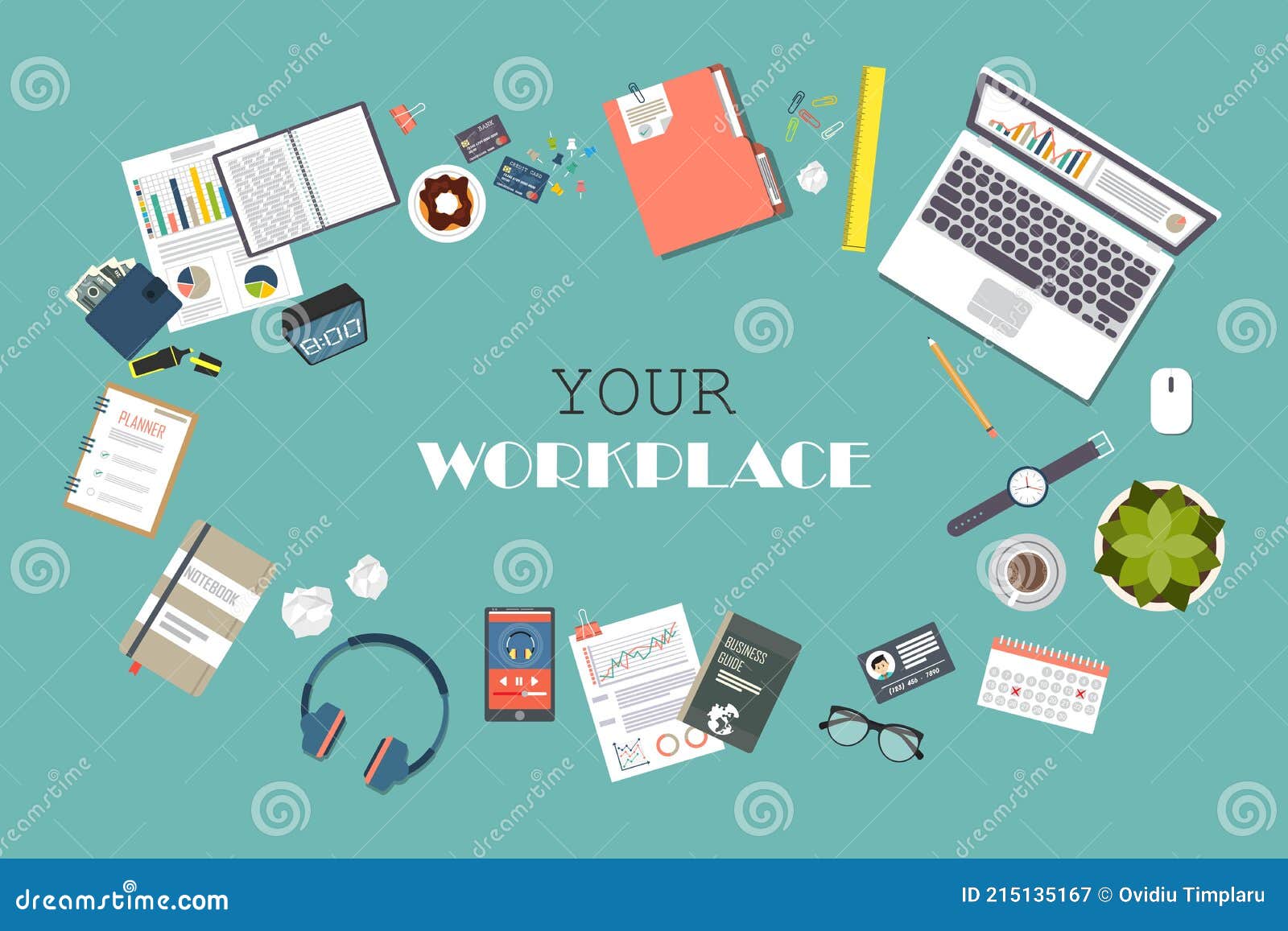 Business Workspace Top View. Office Objects. Business Planning and