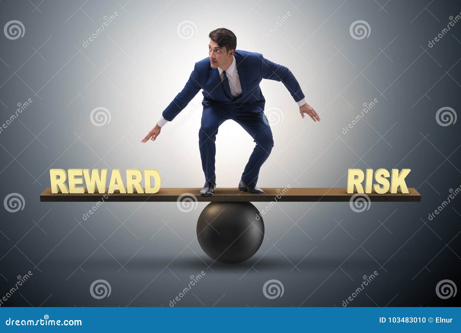 the businessman balancing between reward and risk business concept