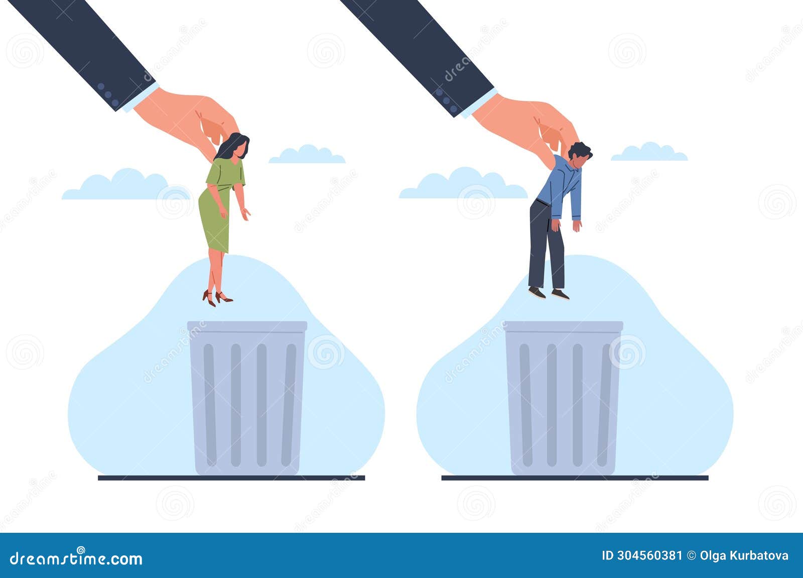 businessman big hand throws woman and man in garbage. fired people. unnecessary persons disposal. dismiss employees