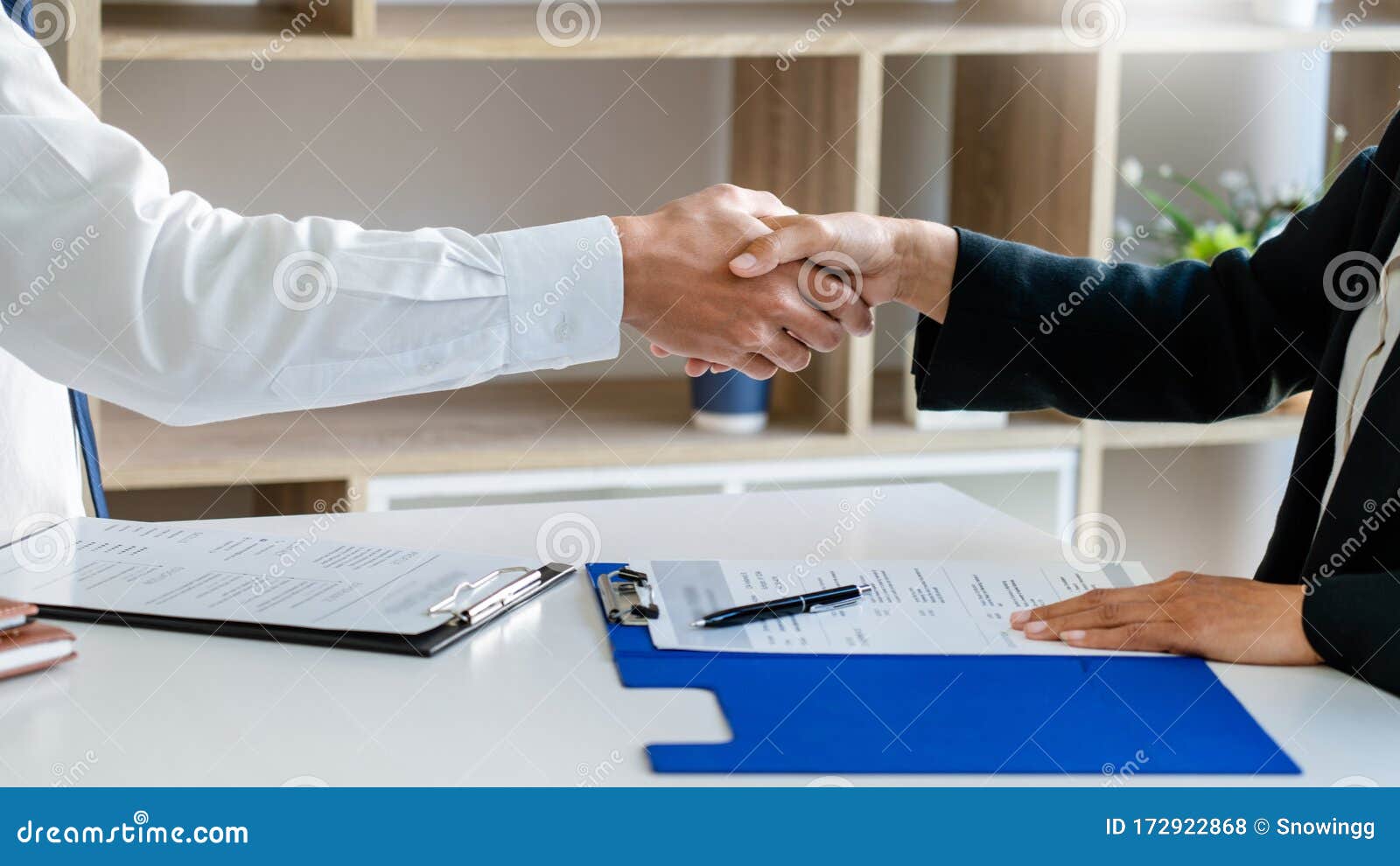 businessman and businesswoman handshaking over the office desk after greeting new colleague, business meetings concept