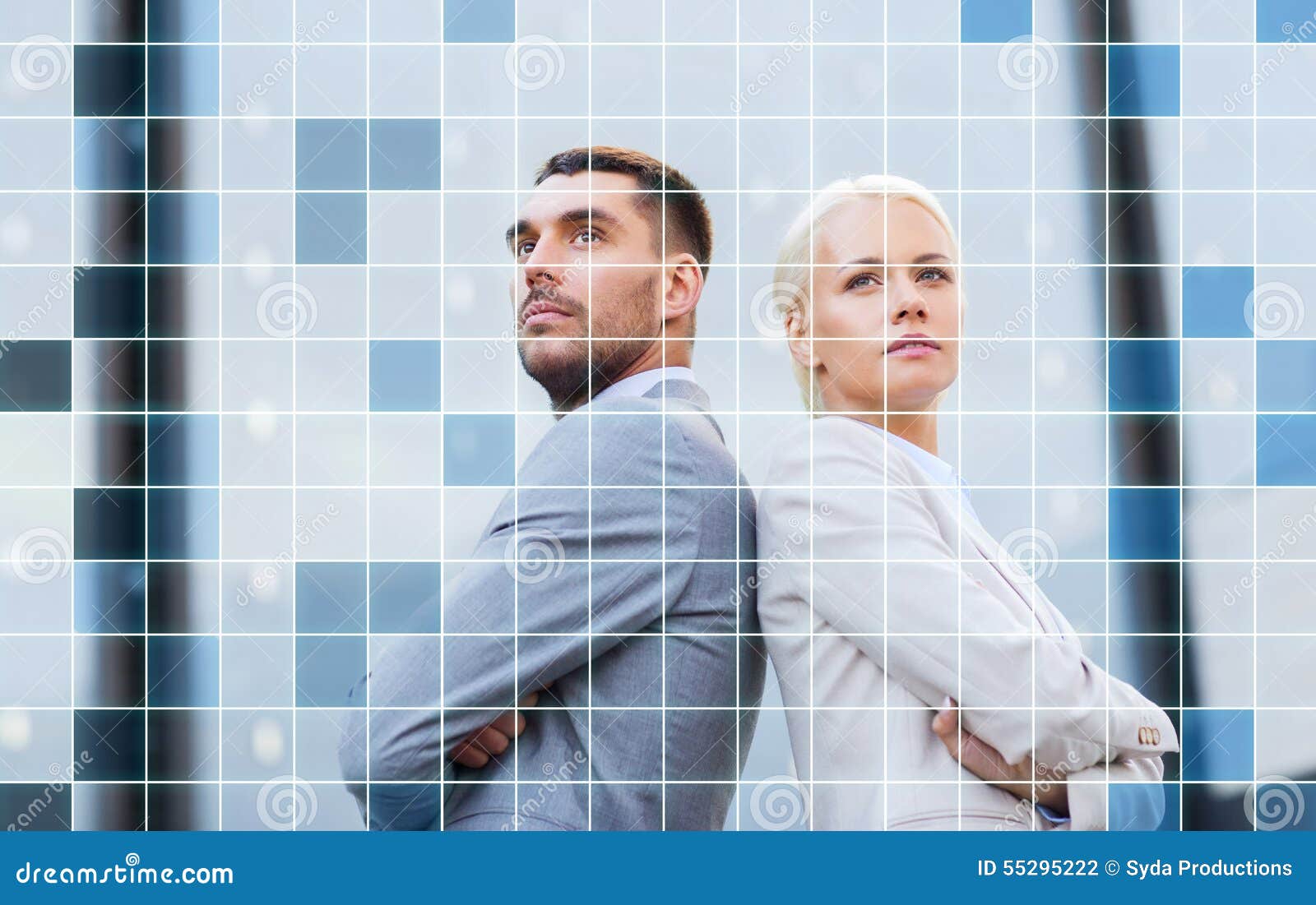 Businessman and businesswoman outdoors. Business, partnership, success and people concept - businessman and businesswoman standing over office building and grid background