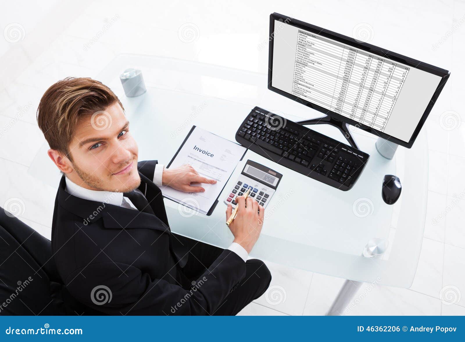 Businessman Calculating Expenses at Office Desk Stock Photo Image of