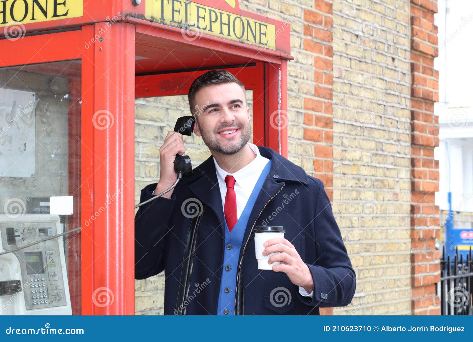 Businessman Calling in Classic Red Phone Booth Stock Photo Image of