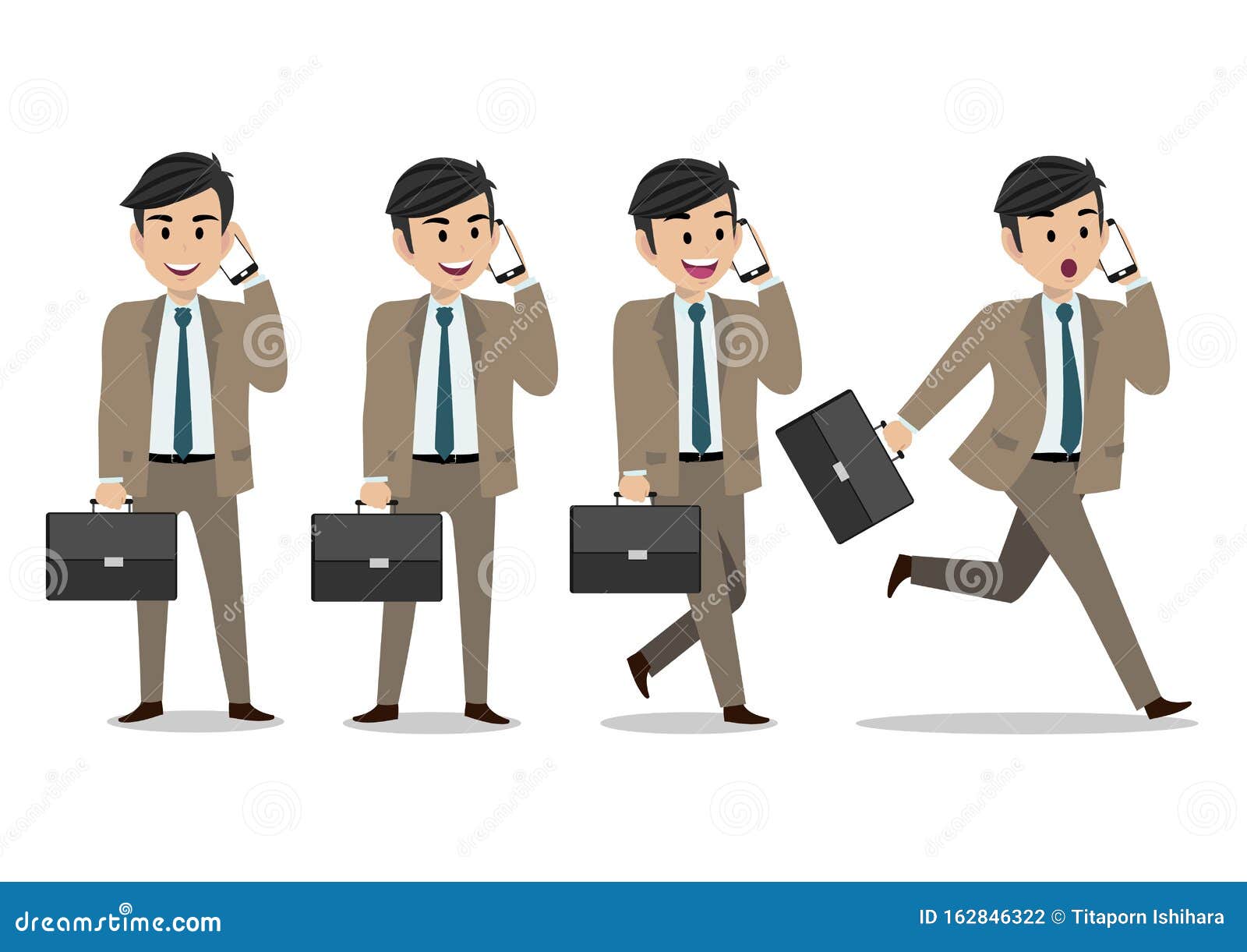 businessman cartoon character, comunication by mobile phone with exciting emotion and set of four poses.