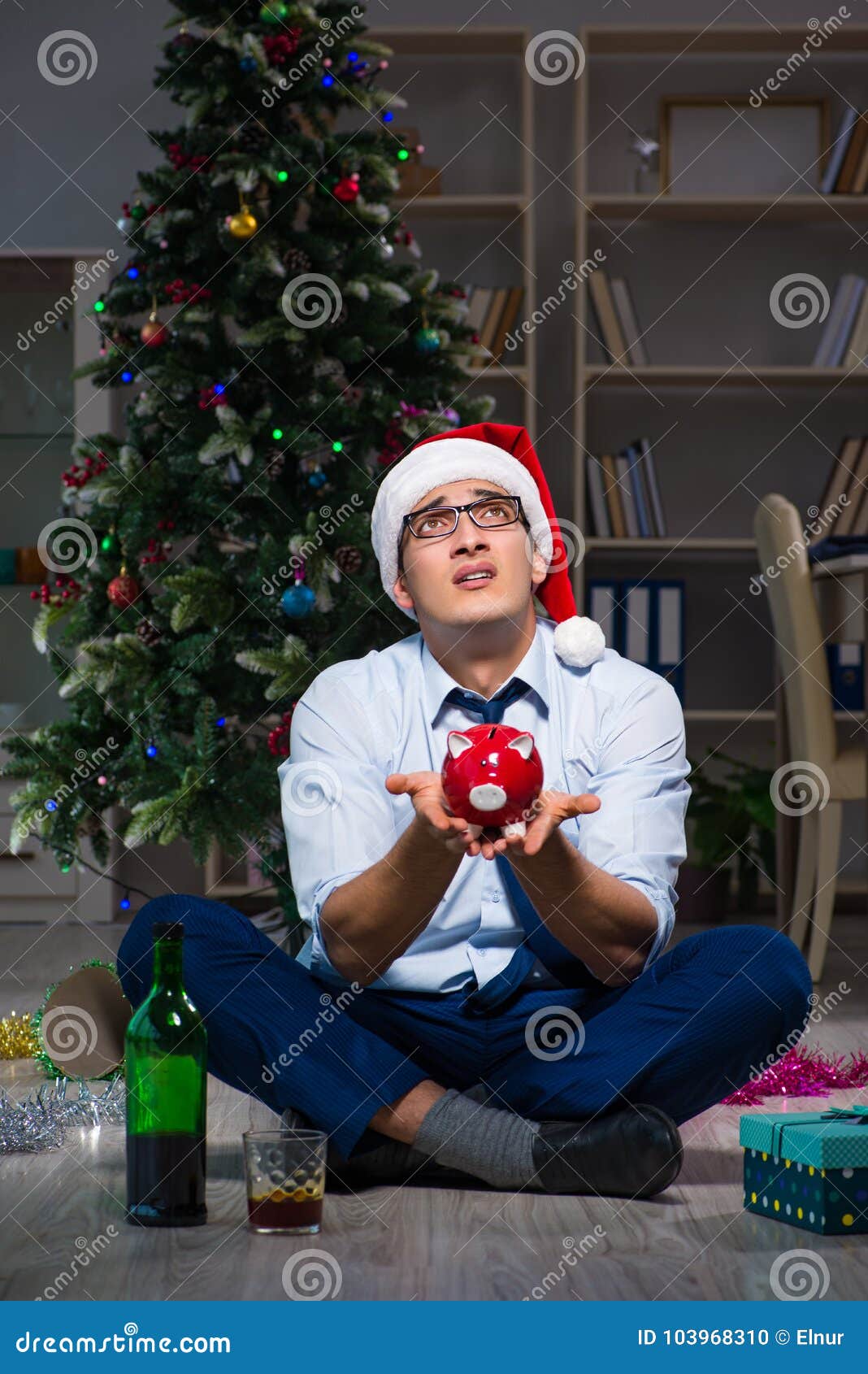 The Businessman Celebrating Christmas At Home Alone Stock Photo - Image