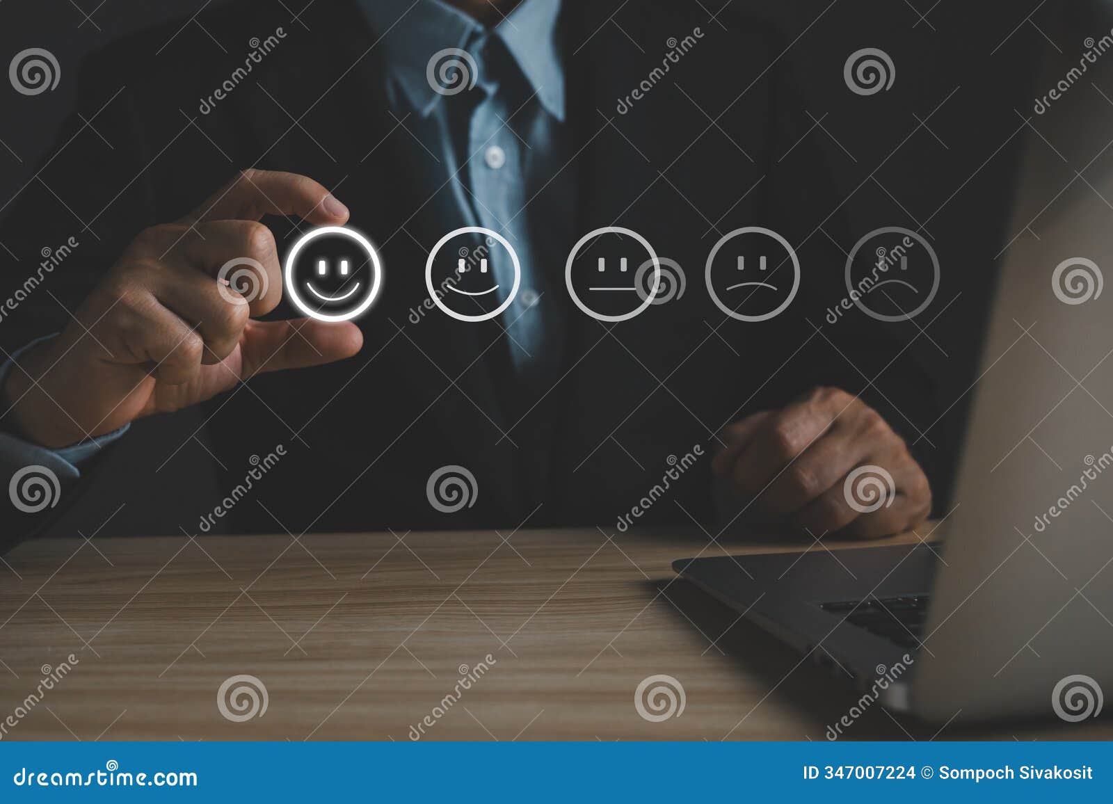 a businessman choose the virtual screen on the happy smile face icon to give satisfaction in service.rating very impressed.