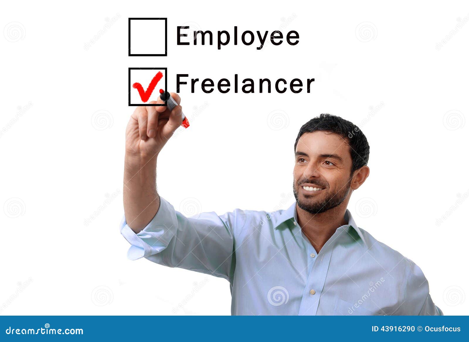 businessman choosing freelancer to employee at formular ticking box with red marker