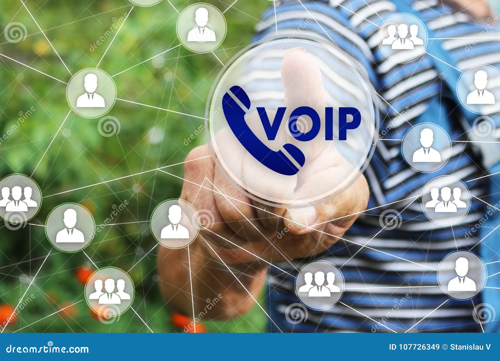 the businessman clicks the button voip on the touch screen.