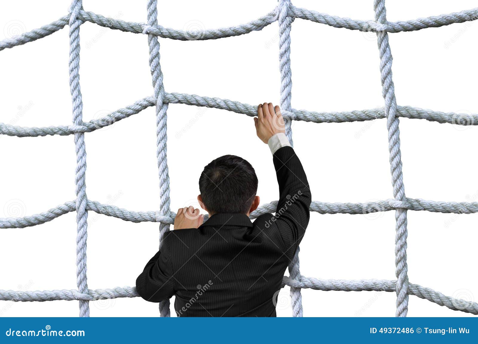 businessman climbing crisscross rope net  on white