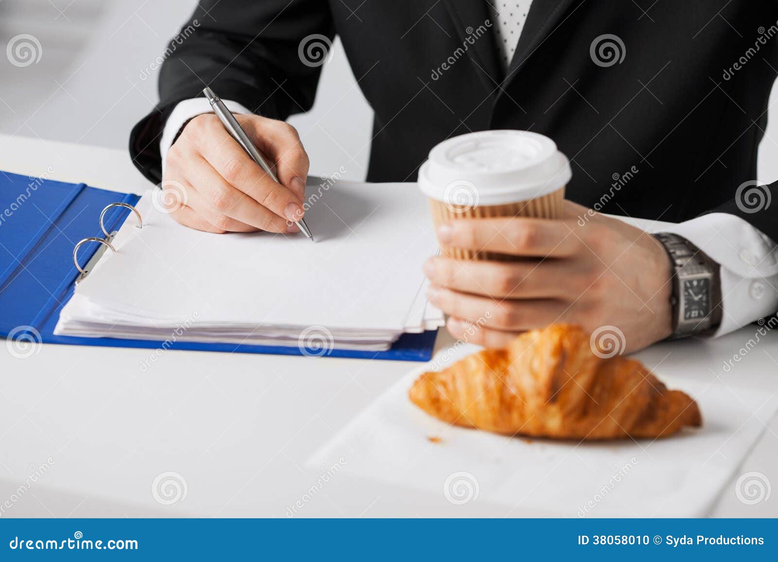 Businessman with Coffee Writing Something Stock Photo Image of empty, away 38058010