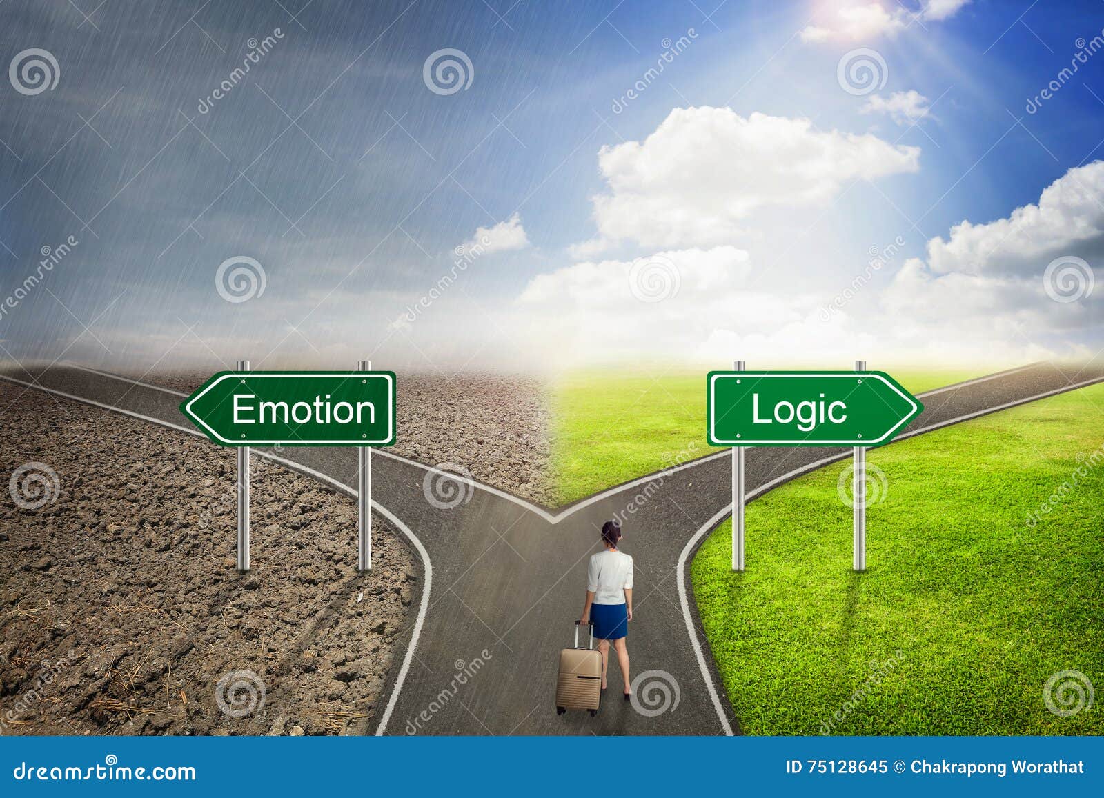 businessman concept, emotion or logic road to the correct way.